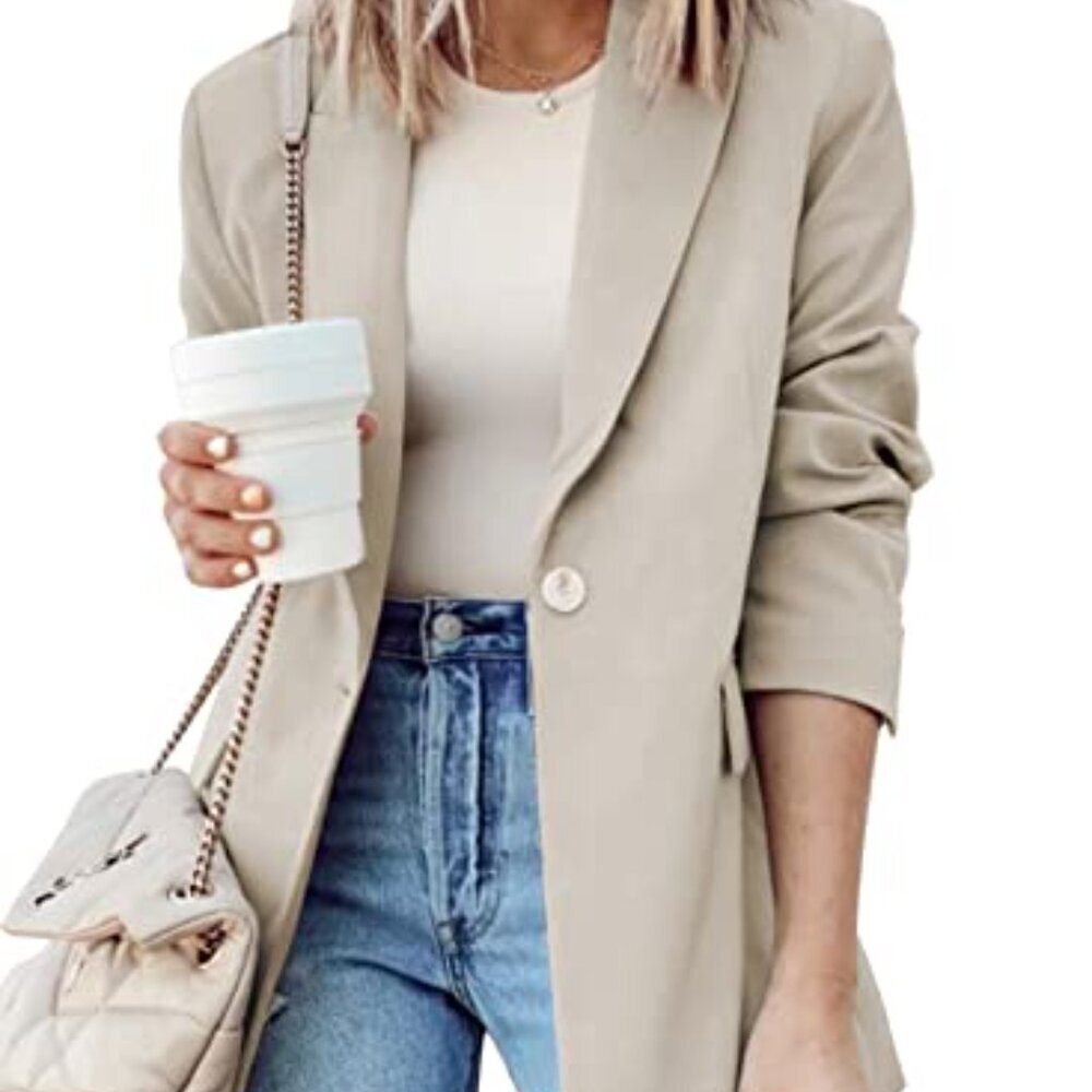 Notched Lapel Blazer Jacket Classic Fit Business Casual Lightweight Polyester - Picture 2 of 8